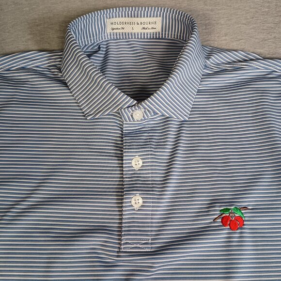 Holderness & Bourne Men L Blue Striped Performance "Cherry Hills" Golf Logo Polo - Picture 6 of 8